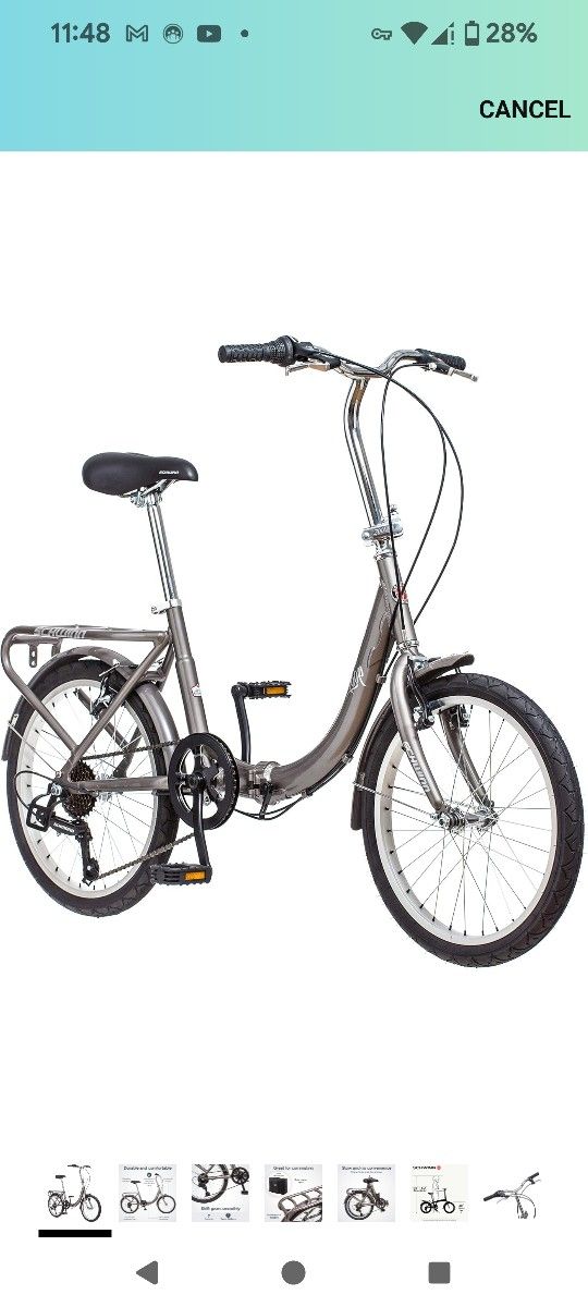 Schwinn Loop Folding Bike for Adults, 20-inch Wheels, 7-Speed Drivetrain, Rear Cargo Rack, Carrying Bag Included for Storage
(Will Listen To Offers)