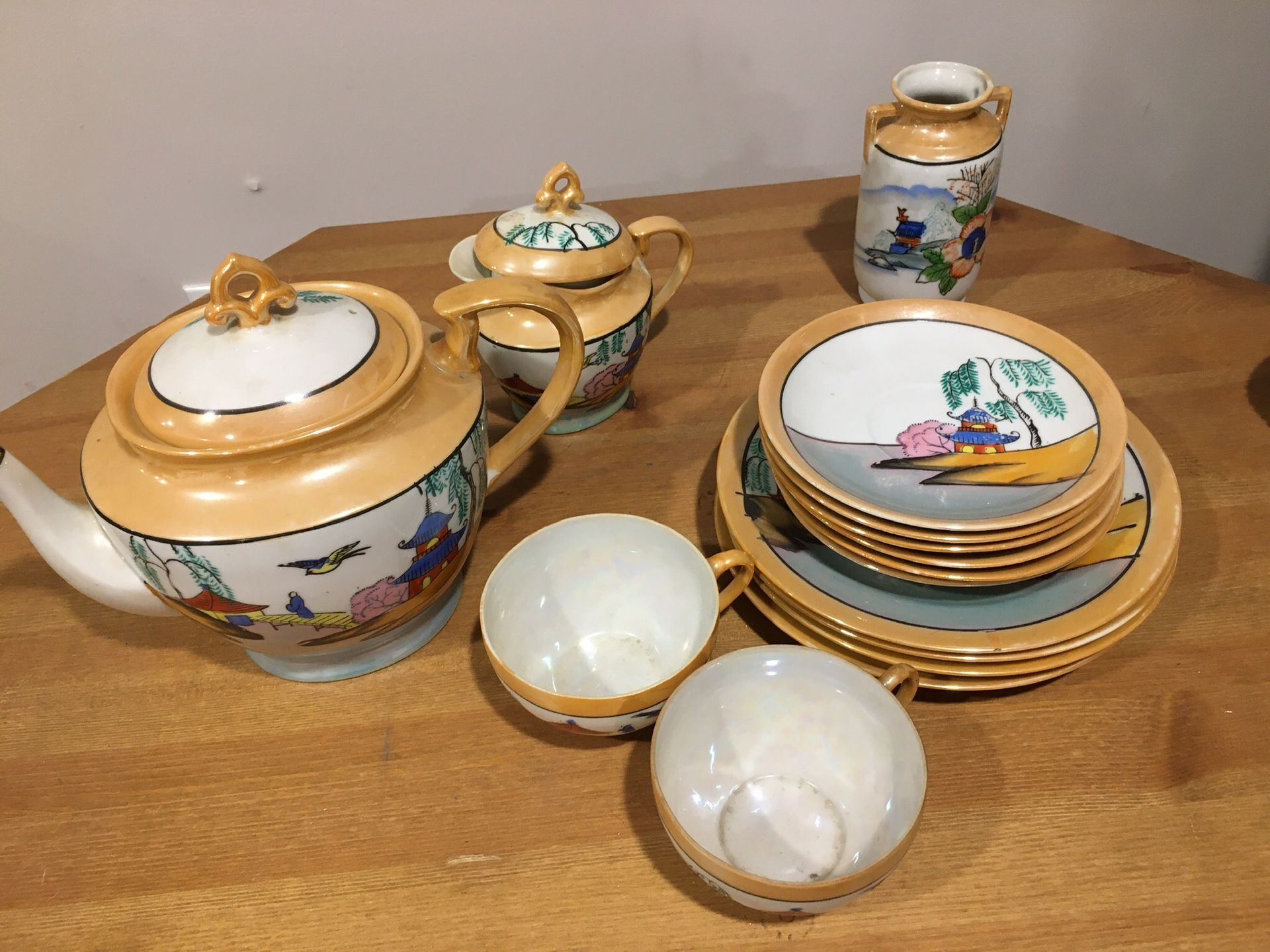 Hand painted Japanese dish set with tea pot, creamer and vase