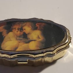 Very Small Two Boy Angels Reading Book Trinket Box Or Sewing Box