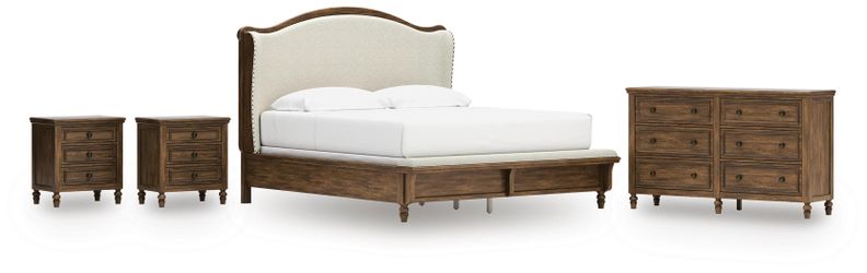 Sturlayne Brown King Upholstered Panel Bed, Dresser and 2 Nightstands (Online Special Price)