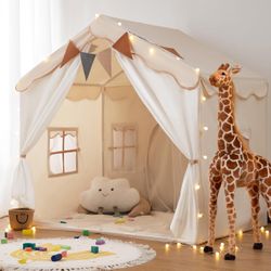 besrey Kids Tent, Kids Playhouse 2 in 1 with Padded Mat and Lights, Large Play Tent with 2 Doors & 4 Windows, Kids Play Tent Indoor & Outdoor, Christm