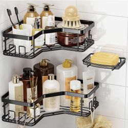 3 Pack Corner Shower Caddy with Soap Holder, Large Capacity Sturdy Easy Install No Drilling Stainless Steel Hold 40 LBS Shower Organizer Shelves Rack