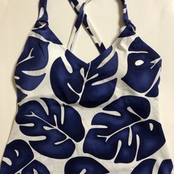 Jantzen Classics Tankini Halter V Neck Tropical Swim Top White & Blue Size 8