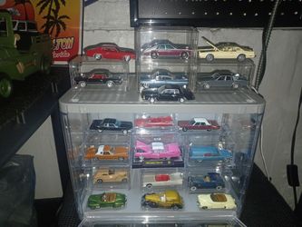 Toy Cadillac & Chevy Collection In Lighted Display Case