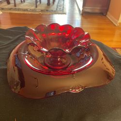 Set 2 Pieces Red Crow’s Foot Square Bowl Depression Glass Mint 