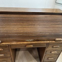 Vintage Solid Oak Wood Roll Top  Desk