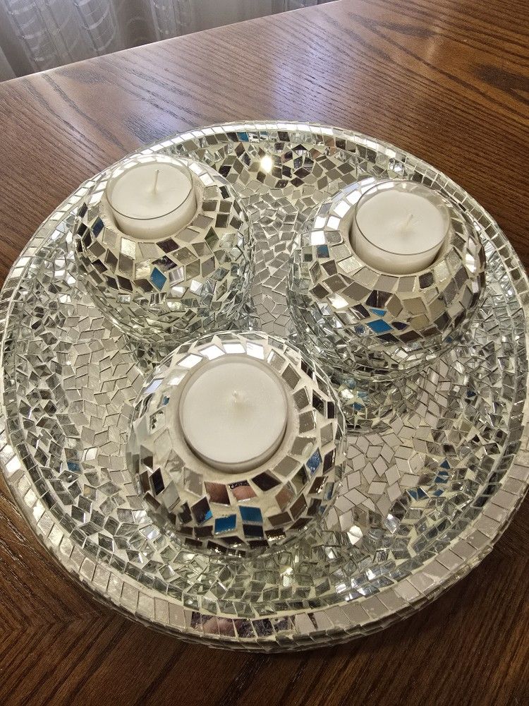 New! MOSAIC GLASS CANDLE Holder Set