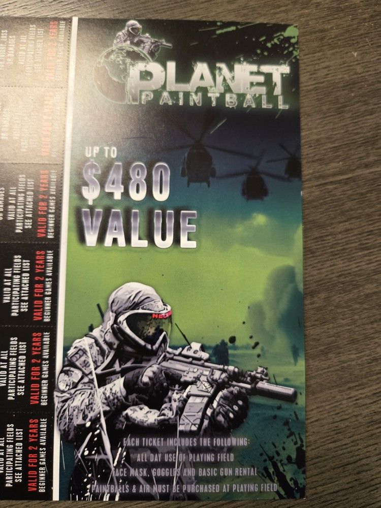 12 Planet Paintball All Day Tickets $480 Value Good For Two Yrs