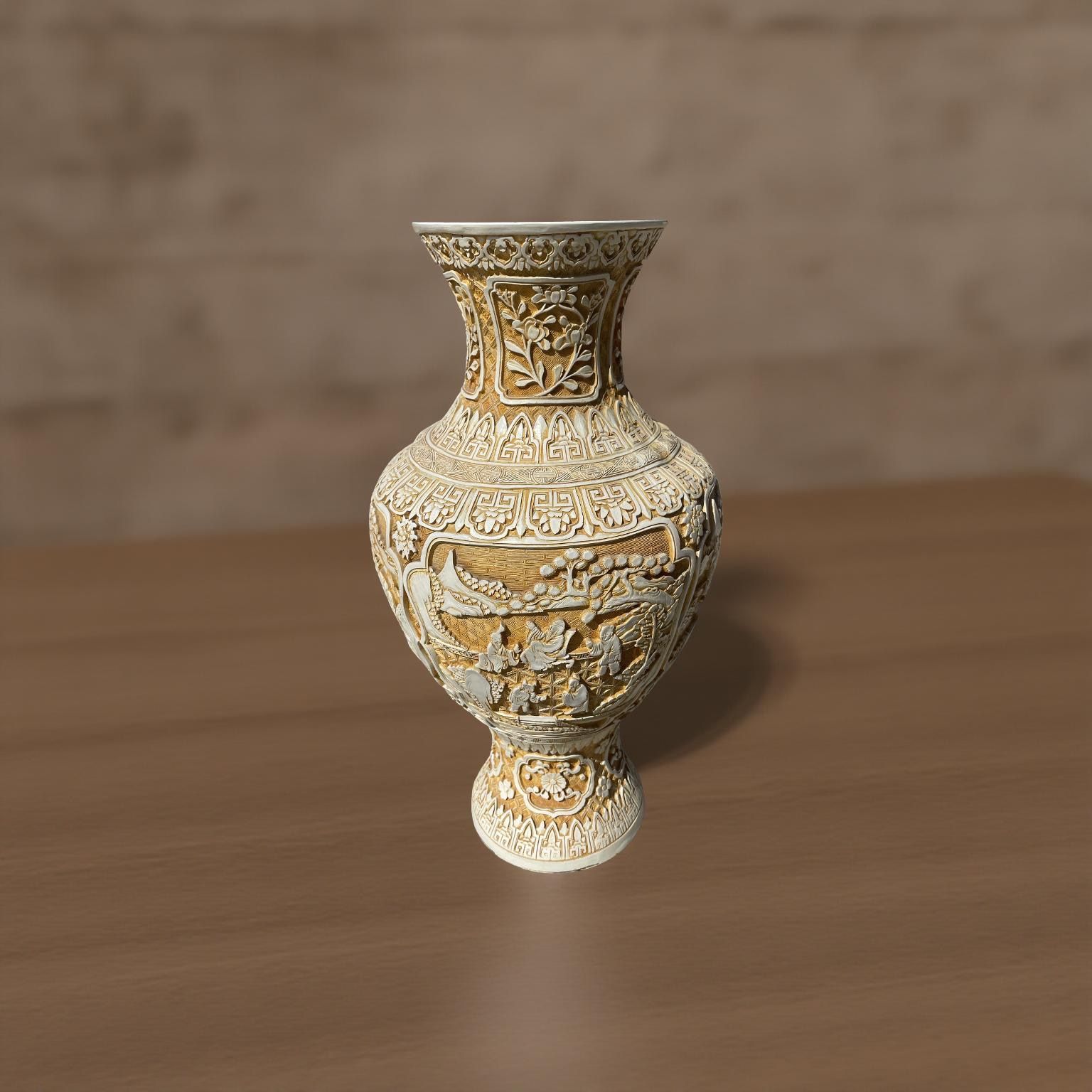 19"T WHITE CINNABAR VASE WITH DEEP RELIEF CARVINGS DEPICTING MEN IN VARIOUS DAILY LIFE SCENES. BRASS CENTER.