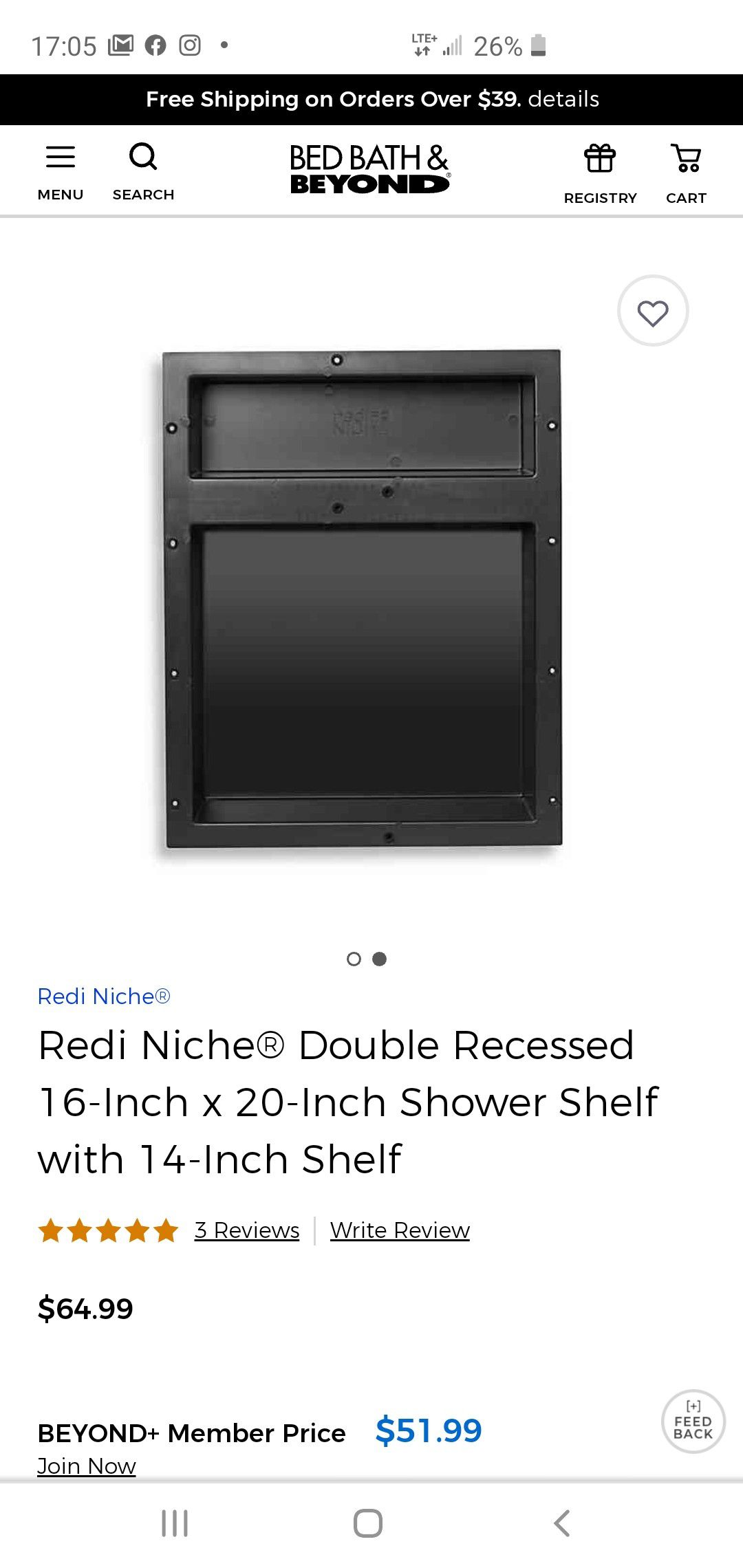 Redi Niche® Double Recessed 16-Inch x 20-Inch Shower Shelf with 14-Inch Shelf