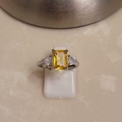 Silver CZ and Citrine Ring Size 6