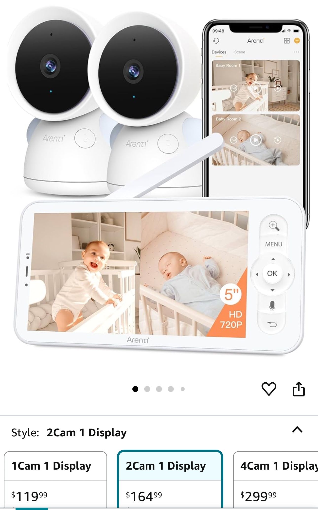 ARENTI 3MP Baby Monitor with 2 Cameras, 5-inch Split Screen Display, WiFi 6 Smartphone App, Night Vision, Cry Detection, Temp & Humidity Sensor, 2-Way