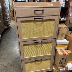 Rattan Shoe Storage Cabinet with 3 Flip Drawers and 1 Drawer, Narrow Freestanding Shoe Cabinet for Entryway, Slim Hidden Shoe Organizer Cabinet with M