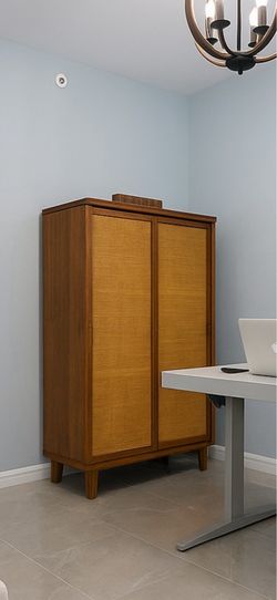 Cresset Wood and Rattan Cane Sliding Door Storage Cabinet