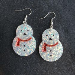 Sterling silver iridescent glitter snowman dangle earrings with red scarves new