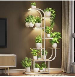 White Plant Stand, 7 Tier Tall Plant Shelf with Grow Light