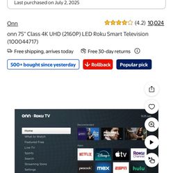 75in onn Roku smart TV - Newly Purchased