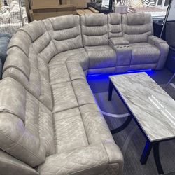 Light Grey Faux Leather LED Power Recliner Sectional Sofa Set w/Drop Down