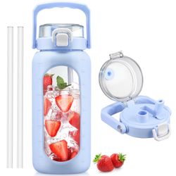 BLUEGO 64oz Glass Water Bottle With Handle And Straw, Motivational Sports Water Bottle With Time Marker And Silicone Sleeve Leakproof Drinking Bottle 