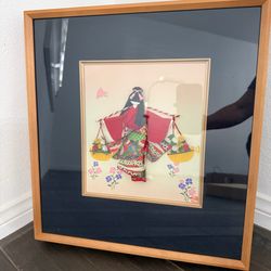 Vintage Japanese Kimono Doll Shadow Box – 3D Textile Wall Art – 18” x 19.5” – Original Box