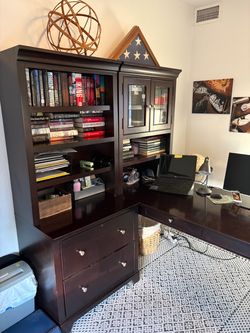 Dark Wood L-Shaped Desk with Hutch