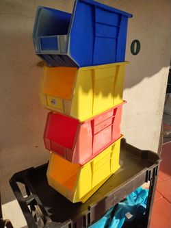 Storage organizing bins. 18"x8"x9" #30265. I have blue,red, yellow and tan. No cracks can hold lots of weight. Most of them are faded. But in good con