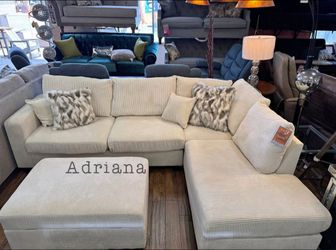 Ivory Corduroy 3-pc sectional sofa with storage ottoman