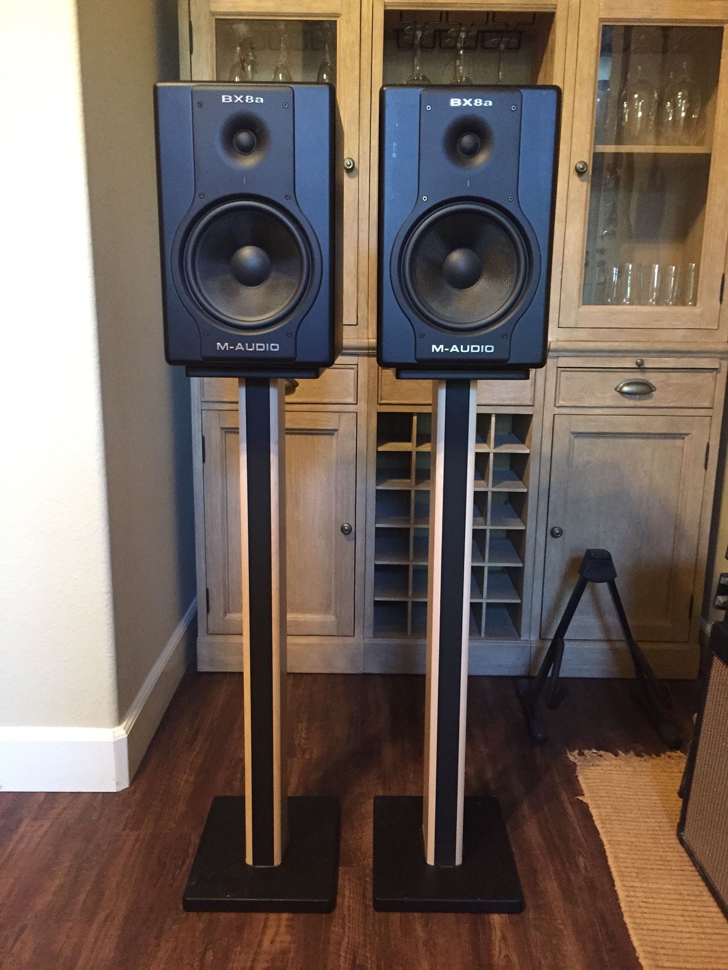 M Audio BX8a Deluxe studio monitors with stands