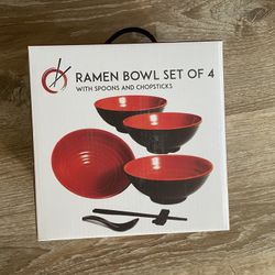 RAMEN BOWL SET OF 4 WITH SPOONS AND CHOPSTICKS ASIAN CUISINE