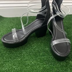 Black Women Platform Sandals Chunky Heel Zipper Open Toe Strappy See-Through Sandals
