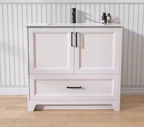 SBE36BW 36 in. W x 22 in. D x 34 in. H Freestanding White Bath Vanity and Solid Surface Top