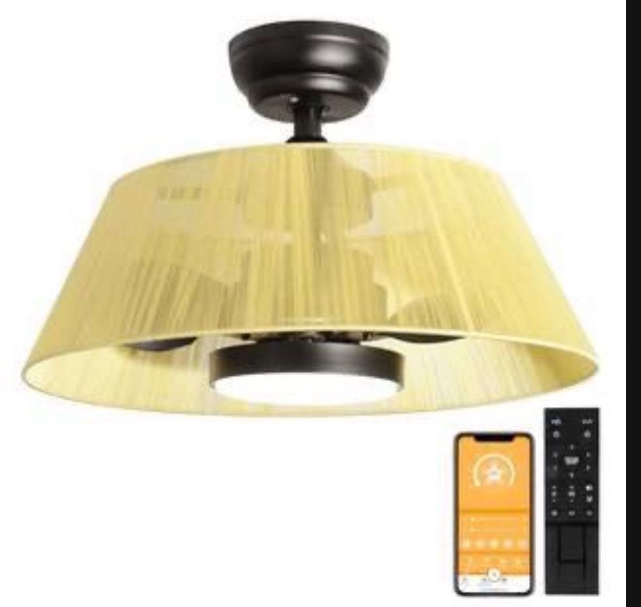 21 in. LED Modern Indoor Black and Gold Semi Flush Mount Ceiling Fan Light with Remote and App Control with Rattan Shade