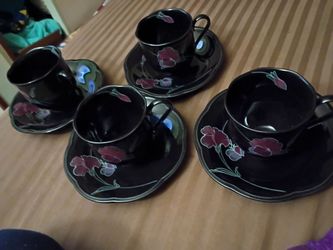 Mikasa Rondo Tango Cup and Saucer Black w/Floral Pattern