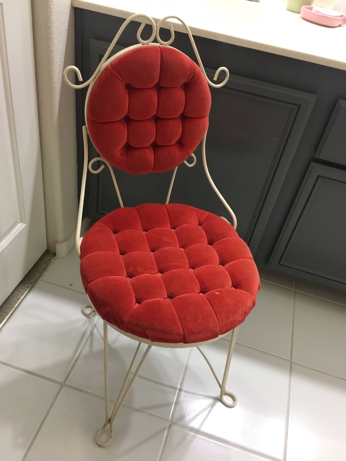1930's Vanity Chair Ornate Wrought Iron with Velvet Red Cushions. Vintage Antique FIRM PRICE