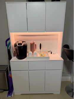 Modern White Coffee Bar / Buffet Cabinet with LED Lighting