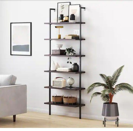 Theo Nutmeg Brown Wood 6-Shelf Tall Ladder Bookcase Wall Mount Bookshelf Matte Black Metal Frame UNOPENED BOX