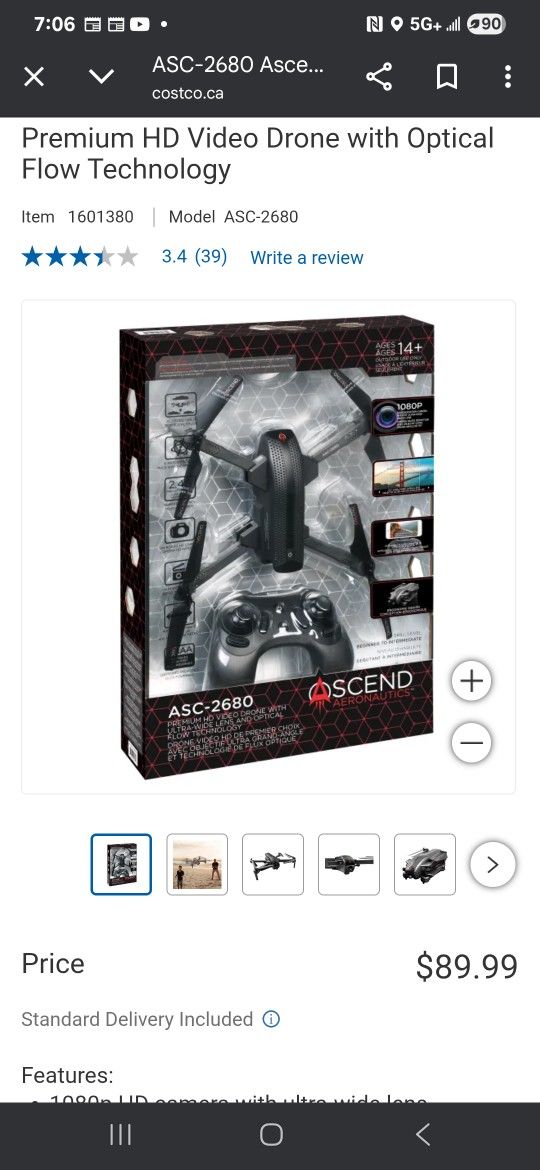 New in box ASC-2680 Ascend Aeronautics Premium HD Video Drone with Optical Flow Technology
Sells at Costco for $90 plus tax.