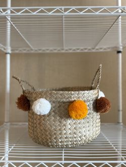 Woven Straw Basket with Pom Pom Detail 