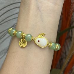 14k gold red eye Jade Benny good fortune tag green jade beads irregular chunky cuff bangle bracelet