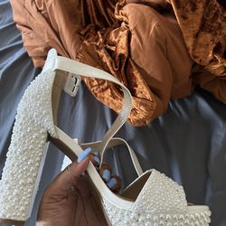 White Heels With Pearls  Size 11