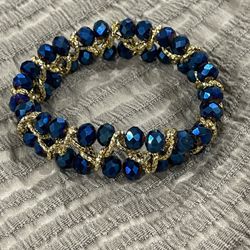 Boho Blue Iridescent Bead & Gold Tone Weave Bracelet
