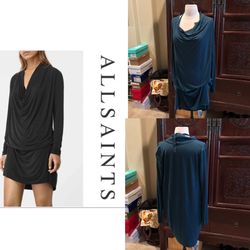 AllSaints Teal Long Sleeve Drape Dress