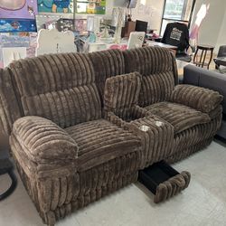 Reclinable Fur Style Sofa With Cup Holders And Storage Compartment 