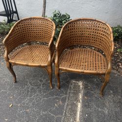 Pair Of Bamboo and Cane Vintage French Armchairs