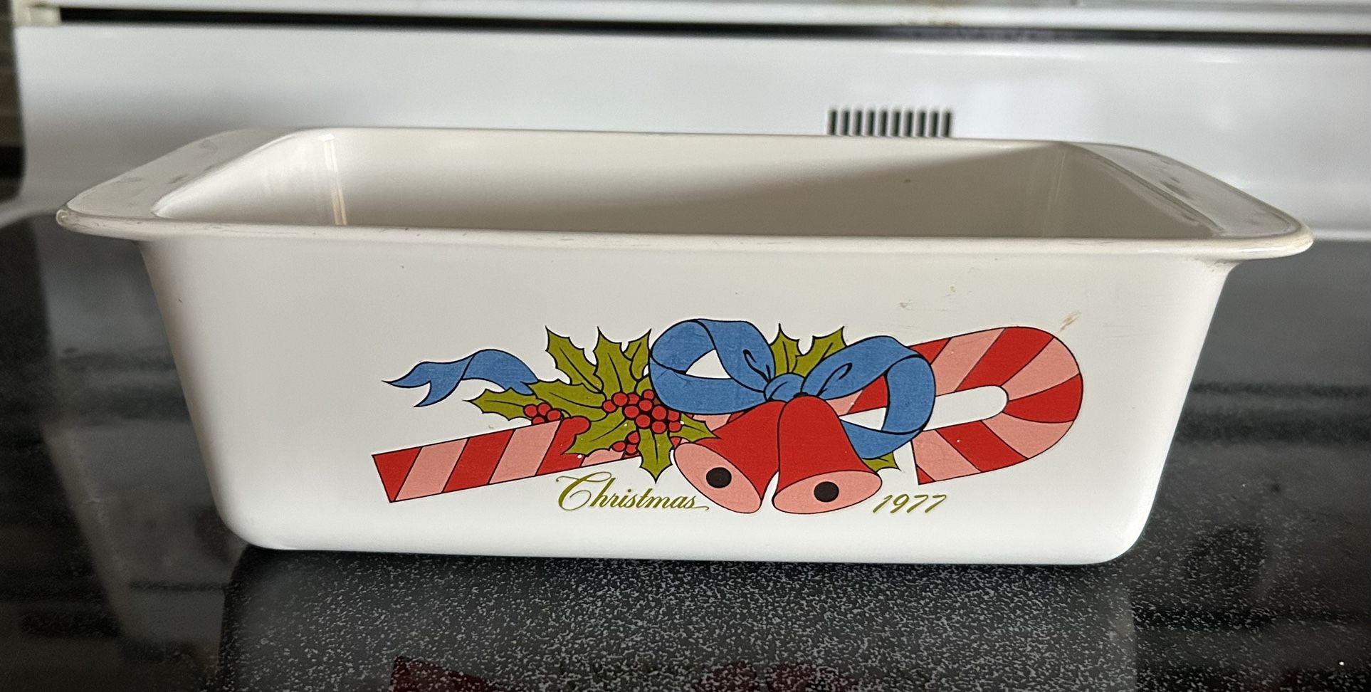 Vintage Corning Ware 1977 Employee Christmas Gift Loaf Pan Candy Cane & Bell P-315-B