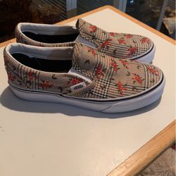 Adult Vans Glen Plaid Floral Classic Slip With Embroidered Flowers 
