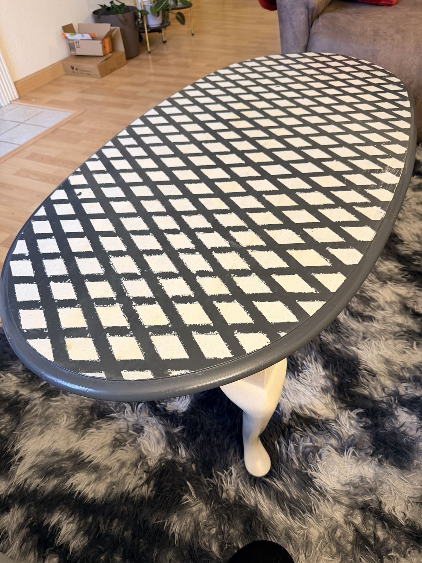 Vintage Gray White Oval Shape Large Coffee Table 