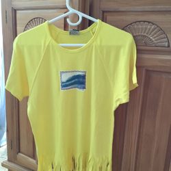 Aaron Chang Short Sleeve Yellow Shirt With Fringe  Size Large New With Tags