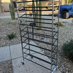 10-Tier Rolling Shoe Rack Like New / Chrome / Shoe Organizer 5ft Tall By 30.5” Wide By 9.5” Deep 