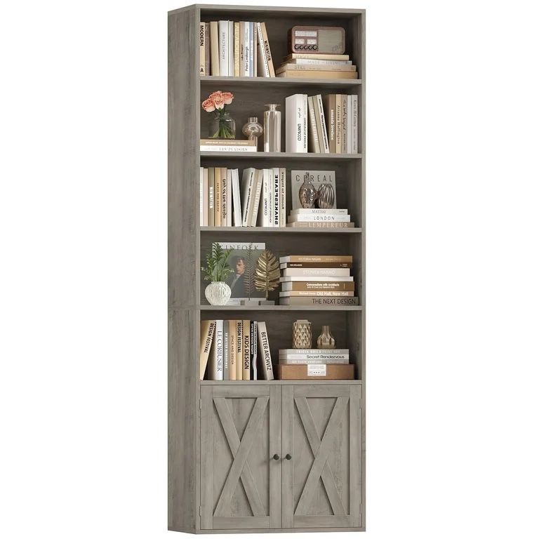 81.5” Bookcase with Doors – Adjustable Shelves, Ash Gray Finish